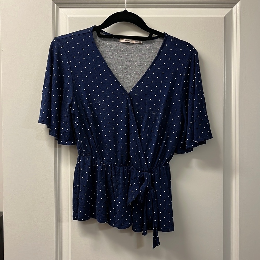 Francesca’s Polka Dot Top with Faux Wrap/Tie Waist
